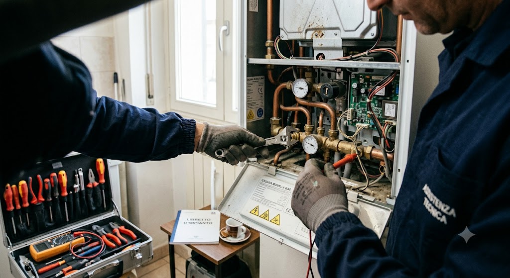 Tecnico al lavoro su una caldaia