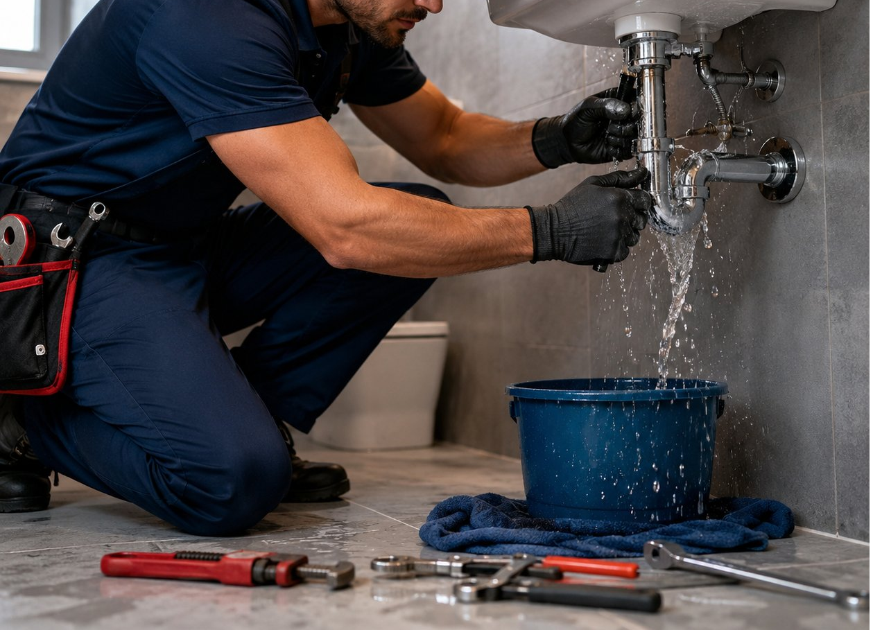 Idraulico al lavoro su un lavandino